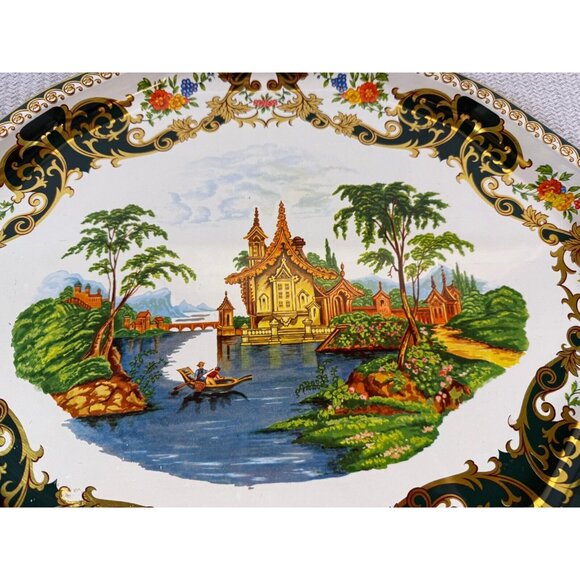 Vintage 17" Daher Decorated Ware England Asian‎ Pagoda River Scene Tray - Picture 2 of 7
